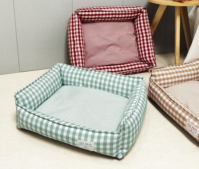 Orthopedic Rectangle Dog Bed for Medium Small Dogs, Plaid Plush Modern Puppy Sofa Bed with Anti-Slip Bottom, Cute Calming Pet Bed(Red,X-Large)