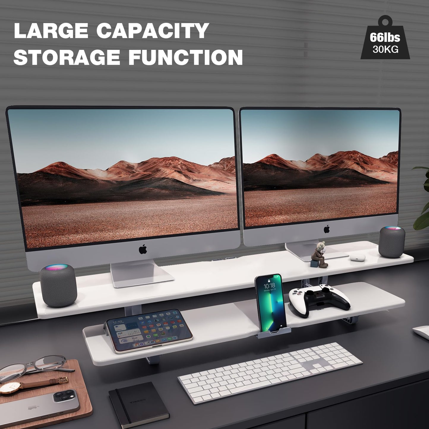 ECO-WILL Dual Monitor Stand, 2-Tier Wood Monitor Riser with Storage Organizer and Cable Management, White