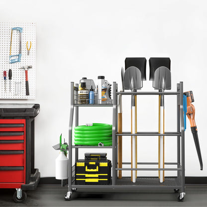 EVERHANGER Garden Tool Organizer Stand, Garage Tool Storage Organization, Yard Tool Racks with lockable wheels, Fit for Long-Handled Tools/Rakes/Brooms