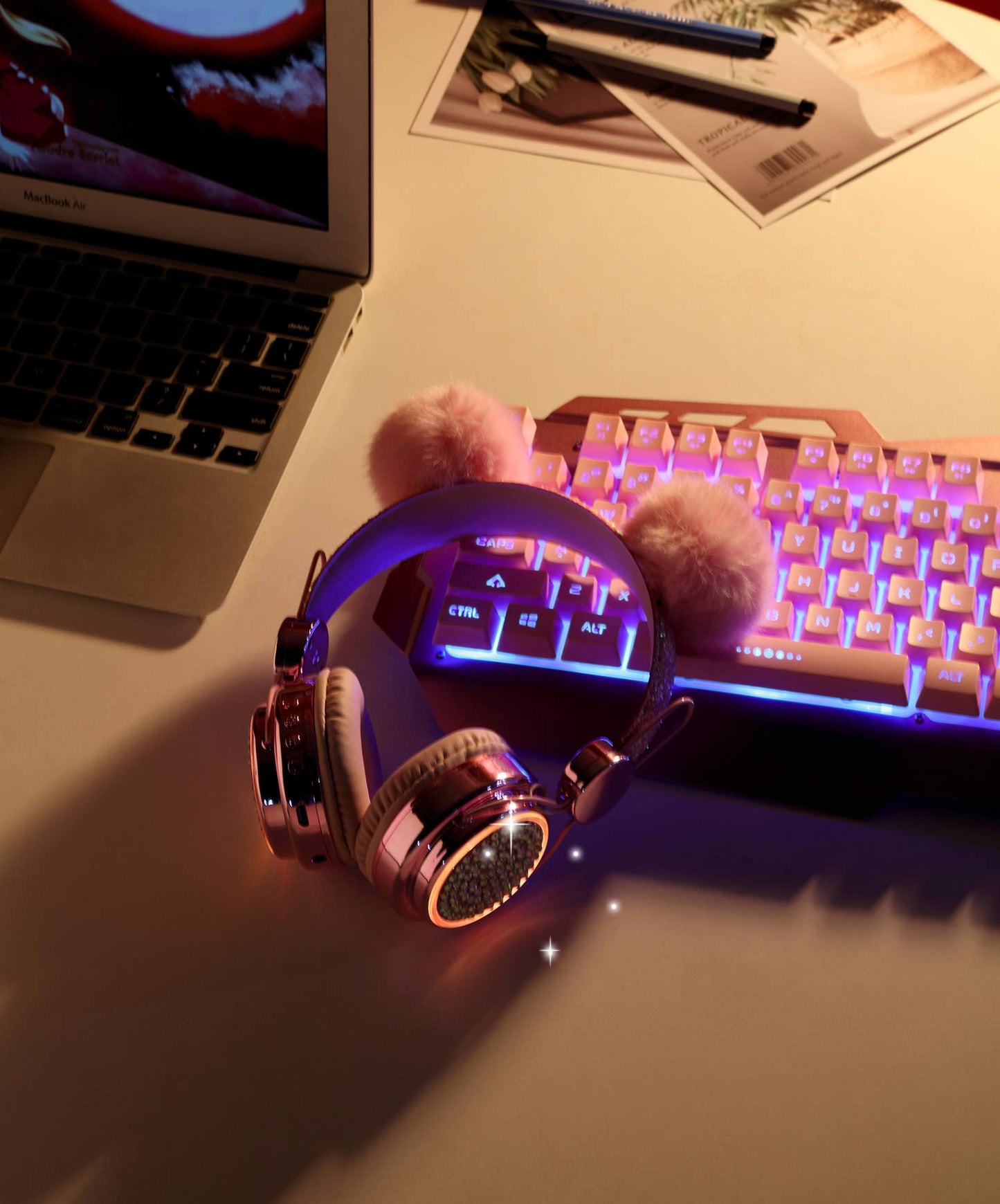 KORABA Wireless Girls Headphones Bluetooth, LED Light up Color Changing Kids Headphones with MIC, 10 Hours Anime Cute Headsets for School,Parties (Pink)