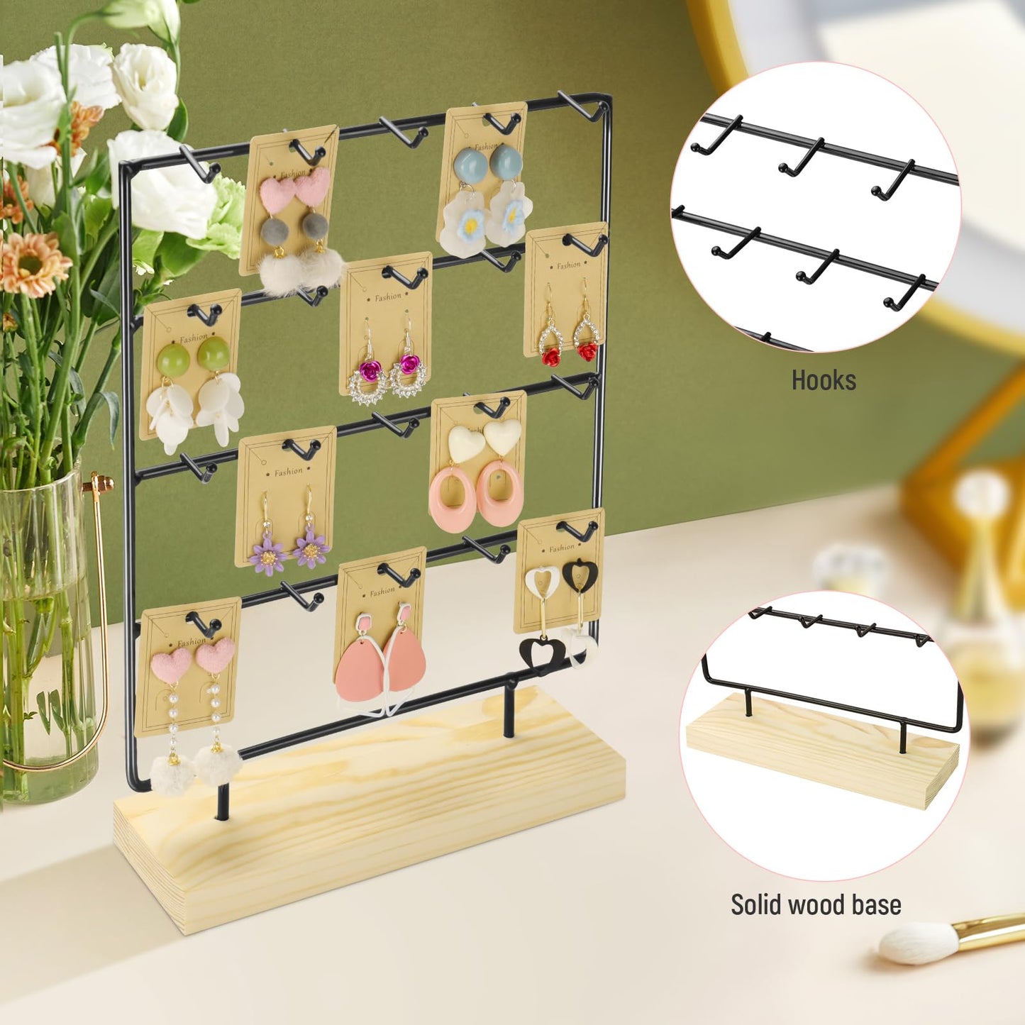 RUINENGDA Earring Display Stands for Selling 4 Tier 20 Hooks Jewelry Display Wooden Base Earring Holder Organizer Display Stand for Earings Necklaces Rings Bracelets Keychains (Black)