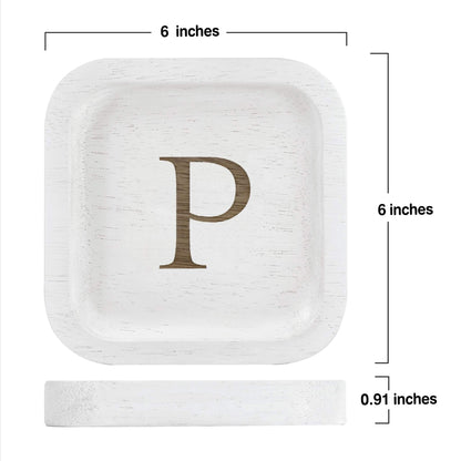 I'm Wooden Personalized Letter Catchall Valet Tray Trinket Dish Jewelry Tray Key Bowl Decorative Plate Organizing Ring Earrings Necklaces Bracelet Watch Coins Wallet Holder (6"x6" Sq White P)