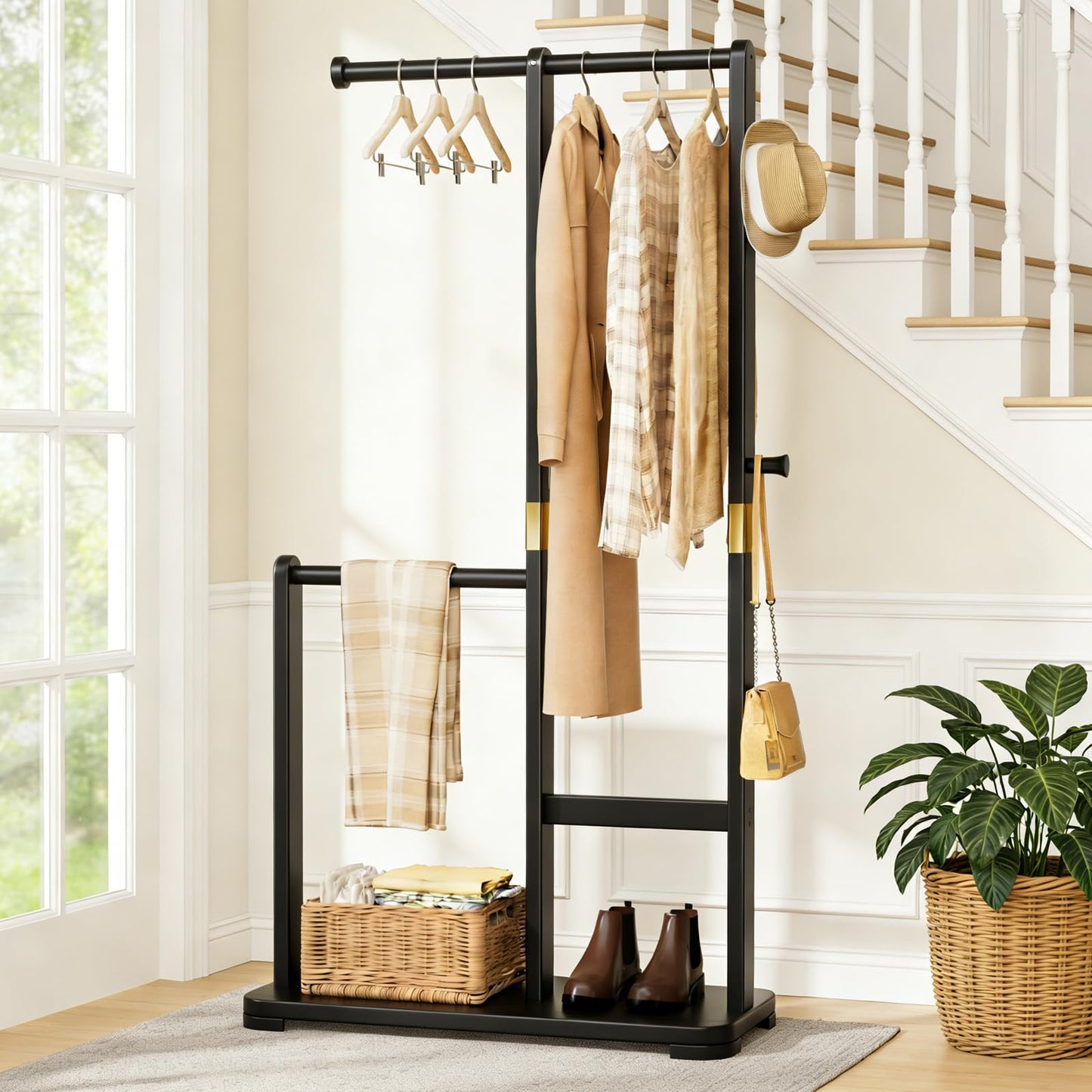 Wamhom Solid Wood Coat Rack, Freestanding Standing Clothes Rack with Double Hanging Rods for Coats, Jackets, Wooden Coat Tree Garment Rack for Bedroom Entryway Hallway, Space Saving Small Coat Rack