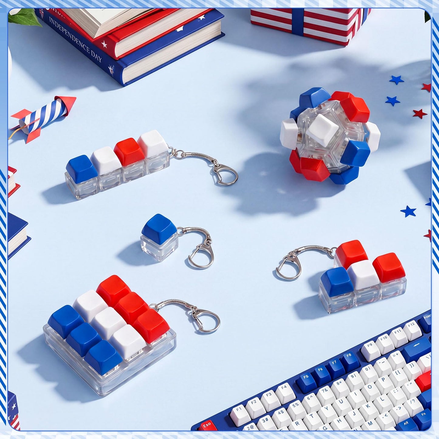 Halloscume 5 Pcs 4th of July Keyboard Fidget Clicker Keychain in 5 Styles Red White Blue Cube Mechanical Key Button Clicker Stress Relief Gift for Memorial Day 250th Anniversary Office Home