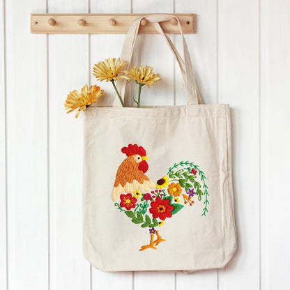 Louise Maelys Embroidery Kit Canvas Tote Bag for Beginners,Cross Stitch Kits for Adults,DIY Needlepoint Include Rooster and Flower Pattern,Women Shopping Reusable Grocery Bags