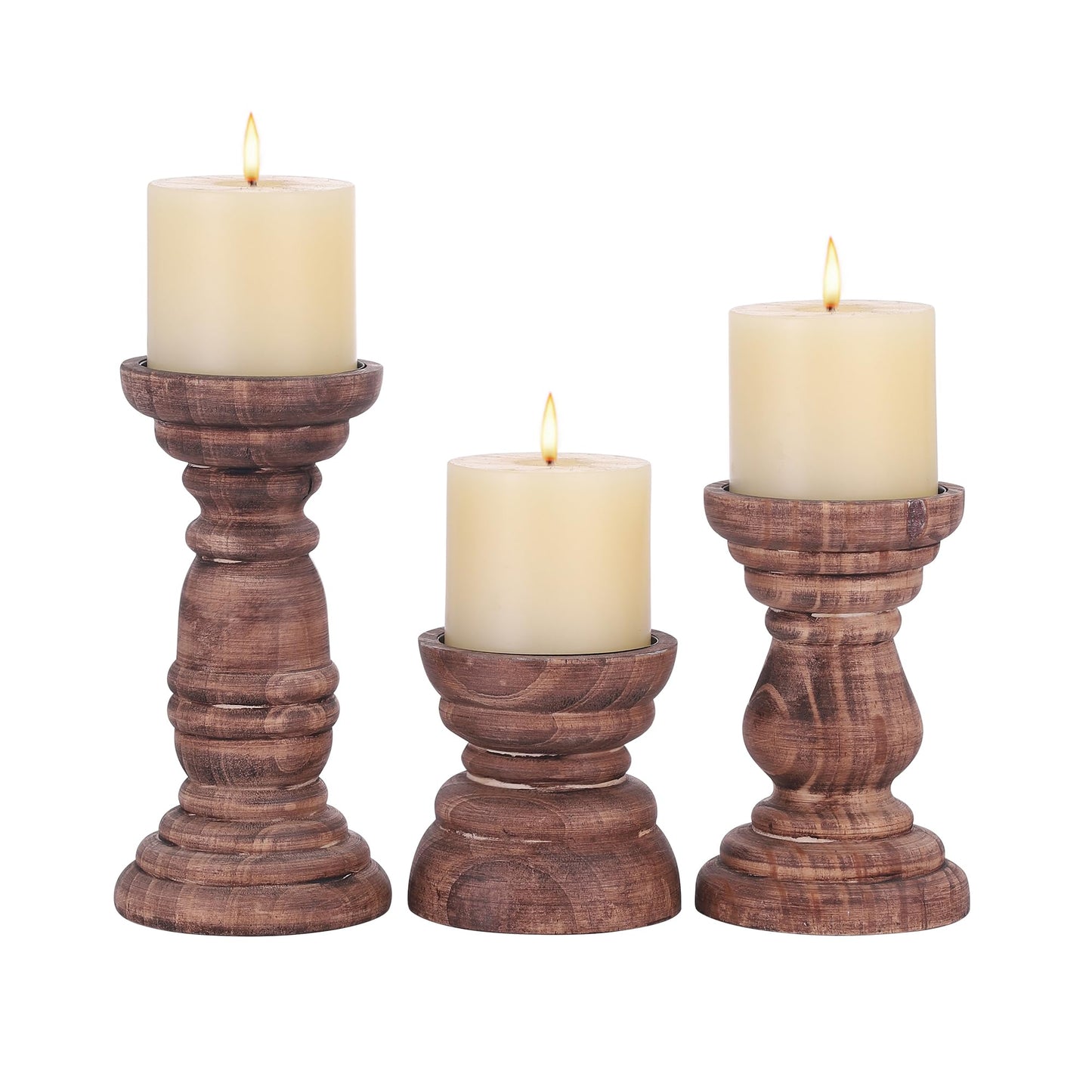 Rustic Wooden Pillar Candle Holders Set of 3 in Vintage Natural, Florence Style, Farmhouse Wooden Candle Holder, Wooden Candle Stand, Small Wooden Candlestick Holders, Living Room, Table Centerpiece