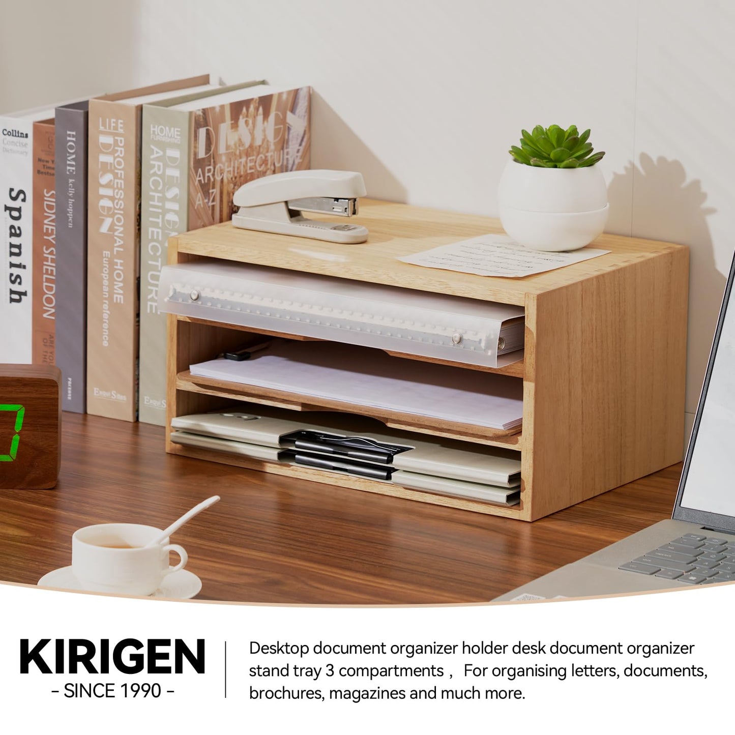 KIRIGEN Wooden Desktop Organizer, 3 Tier Solid Wood Letter Tray and Paper File Sorter for Desk, Freestanding Office Document Holder for Mail, Magazines, Folders, Natural 3KWJG-NA