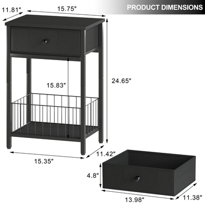 VAFEKOL Nightstand with PU Leather Front Drawer, 3-Tier End Table with Bottom Mesh Basket, Industrial Bedside Table for Small Spaces, Black
