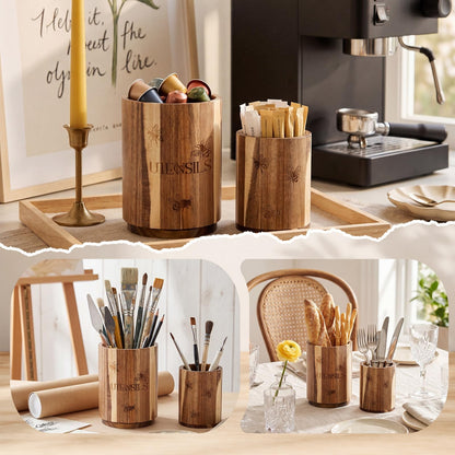 Hushee 2 Pack Acacia Wood Utensil Holder for Kitchen Counter, 360° Rotating 7.3inch Large Wooden Cooking Utensil Crock and 5.5 Inch Small Kitchen Tool Organizer for Countertop, Farmhouse Modern Decor