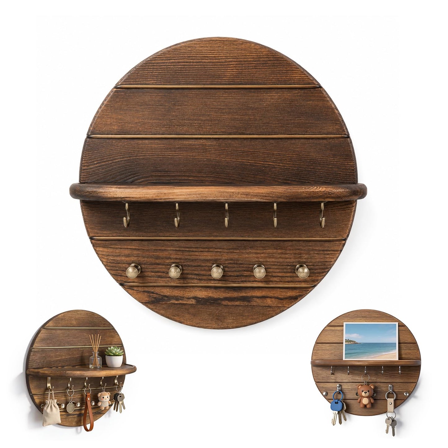 Cxomnndiw Round Wall Mount Key Holder with Shelf, Wooden Entryway Organizer, Key Rack for Keys Sunglasses Coat