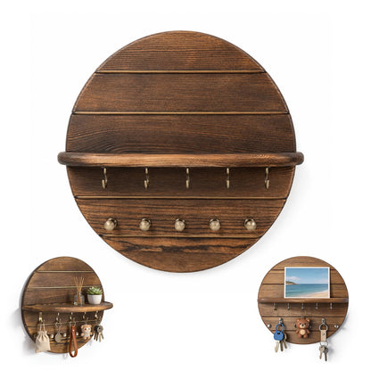 Cxomnndiw Round Wall Mount Key Holder with Shelf, Wooden Entryway Organizer, Key Rack for Keys Sunglasses Coat