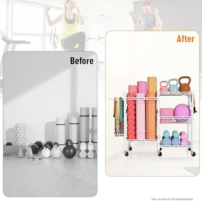 FUTASSI Home Gym Storage, 3 Tiers Workout Equipment Organizer with Wheels for Yoga Mats, Foam Roller, Dumbbells, Kettlebells, and Resistance Bands