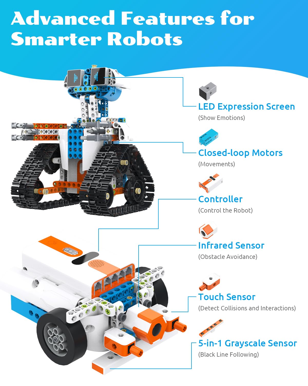 WhalesBot E7 Pro Coding & Remote Control Robot Kit for Kids 8+, Scratch & Modular Programming, Educational Engineering Science Toy Set with Smart Controller/Sensors/Motors for Kids Ages 8-12, 12-16