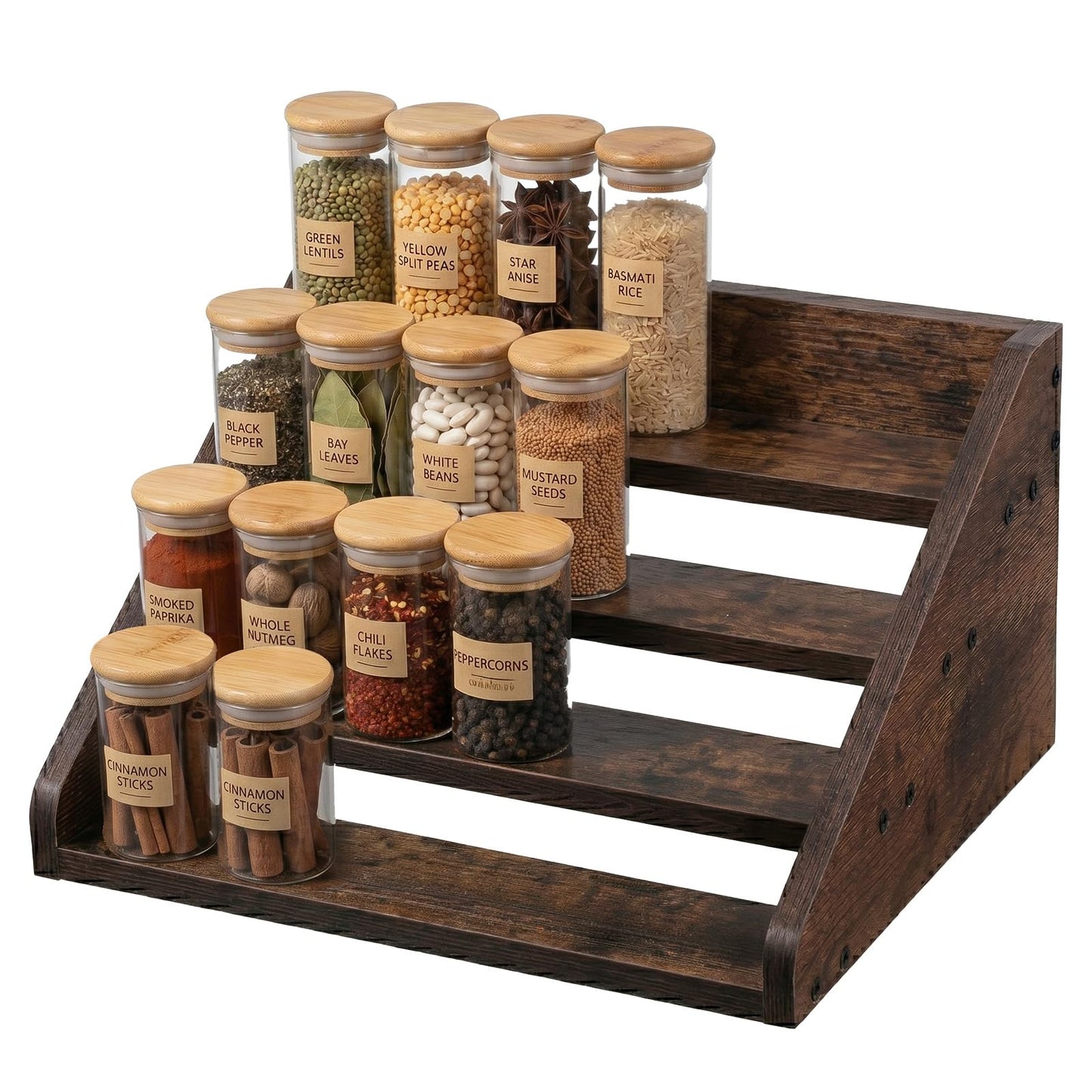 Oqqlin Wood 4 Tier Spice Rack, 13 x 10 x 6.5 Inch Wooden Tiered Spice Rack Rustic Wood Condiment Jar Display Riser Shelf for Countertop, Cabinet, Kitchen Organization (Dark Brown)