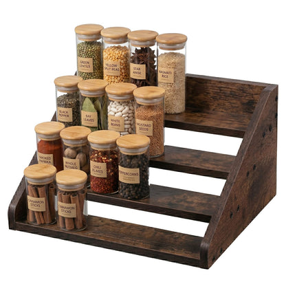 Oqqlin Wood 4 Tier Spice Rack, 13 x 10 x 6.5 Inch Wooden Tiered Spice Rack Rustic Wood Condiment Jar Display Riser Shelf for Countertop, Cabinet, Kitchen Organization (Dark Brown)