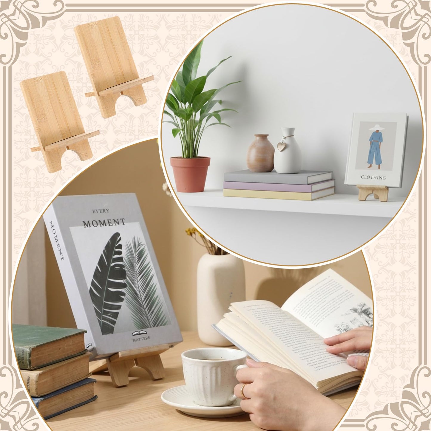 4 Pcs Bamboo Book Stand for Display, Sturdy Holder Easel for Home Office, Perfect for Albums, Magazines, Comics, Postcards, Artworks, and Video Games - Back to School Gift Idea
