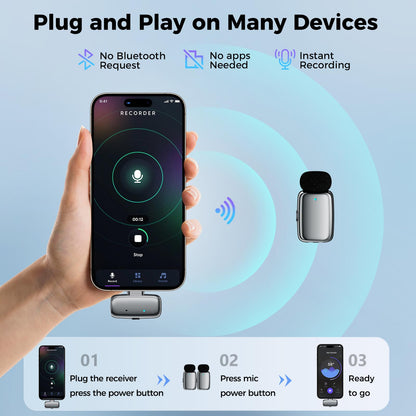 ZealSound Mini Wireless Lavalier Microphone for iPhone iPad Android, Dual Channel Wireless Microphones with Noise Cancellation, Mute & Volume Control, 33H Battery Case, USB-C & Lightning Plug & Play