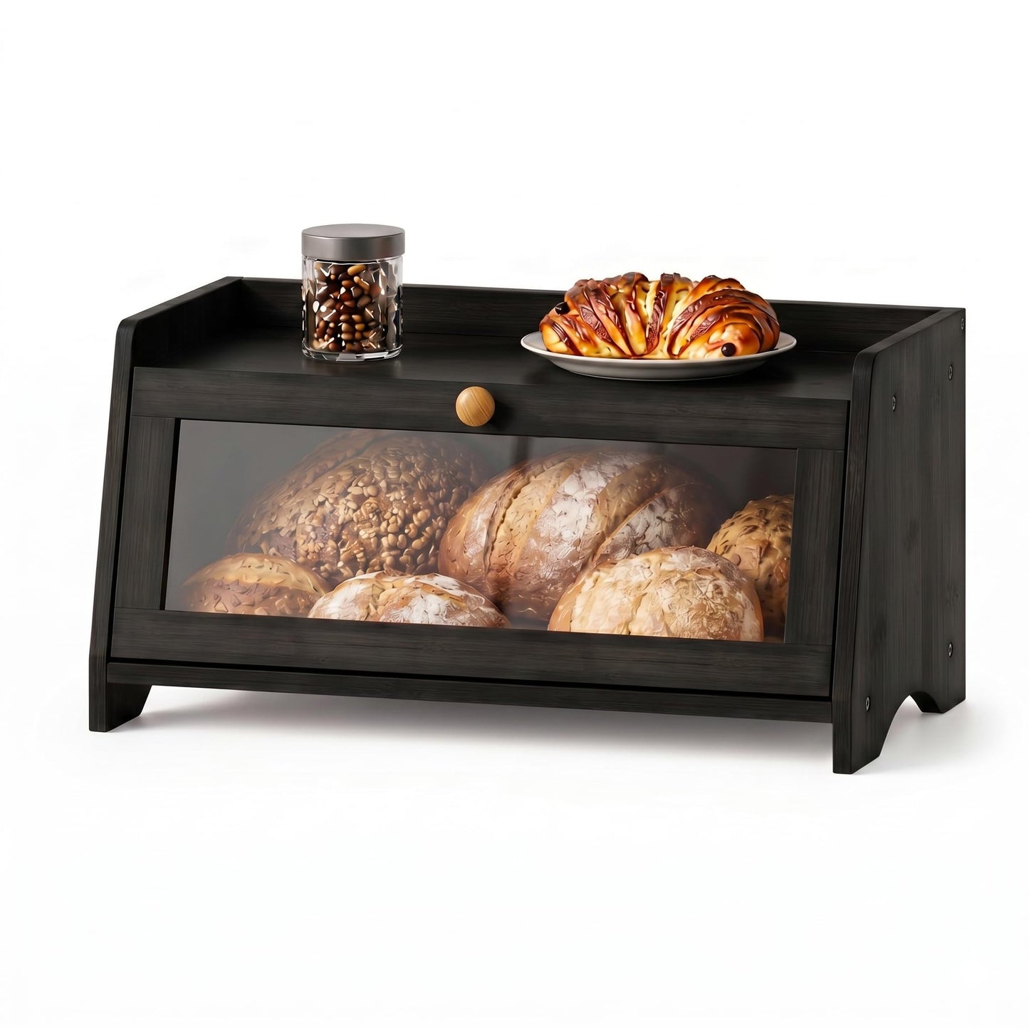 Plusinthebox Black Bread Box for Kitchen Countertop, Large Capacity Wooden Bread Storage Container, Modern Kitchen Bread Keeper for Pantry, Counter and Coffee Bar Organization