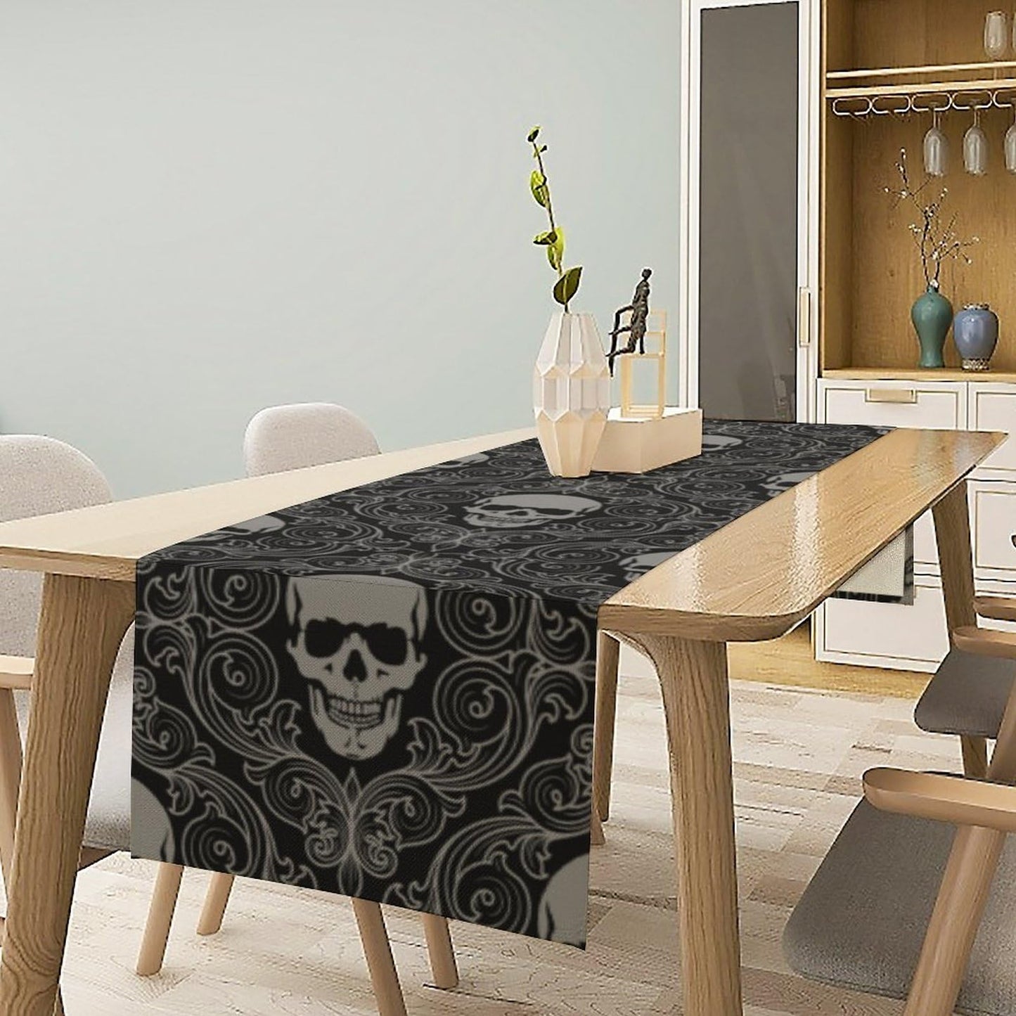 Gothic Skull Table Runner Black Abstract Halloween Damask Geometric Striped Skeleton Table Decor Table Top Kitchen Dining Wedding Party 13x60 in