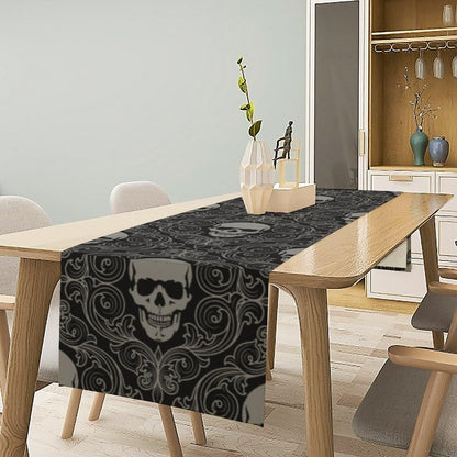 Gothic Skull Table Runner Black Abstract Halloween Damask Geometric Striped Skeleton Table Decor Table Top Kitchen Dining Wedding Party 13x60 in