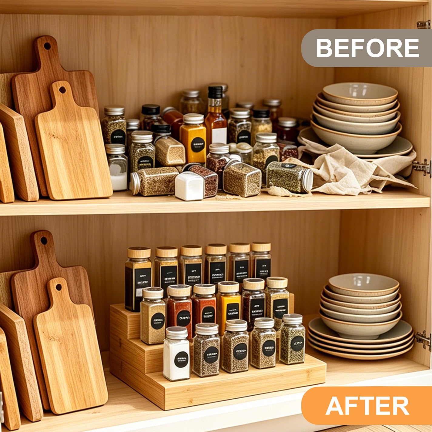 Ama Poem Bamboo 3-Tier Step Spice Organizer 2 Pack, Space-Saving Countertop Spice Rack for Kitchen Cabinet & Pantry, No-Assembly Needed Seasoning Storage Holder Fitting Jars, Bottles & Cans