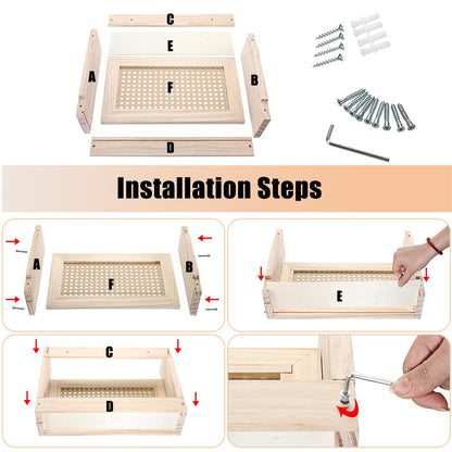 BTSKY Wooden Hanging Magazine Rack, Wall Mounted Magazine Holder Modern Rattan Hollow-out Design Mail Organizer, Assembly File Holder Letter Holder Wall Rack for Home & Office - 15x4x9.9 Inch