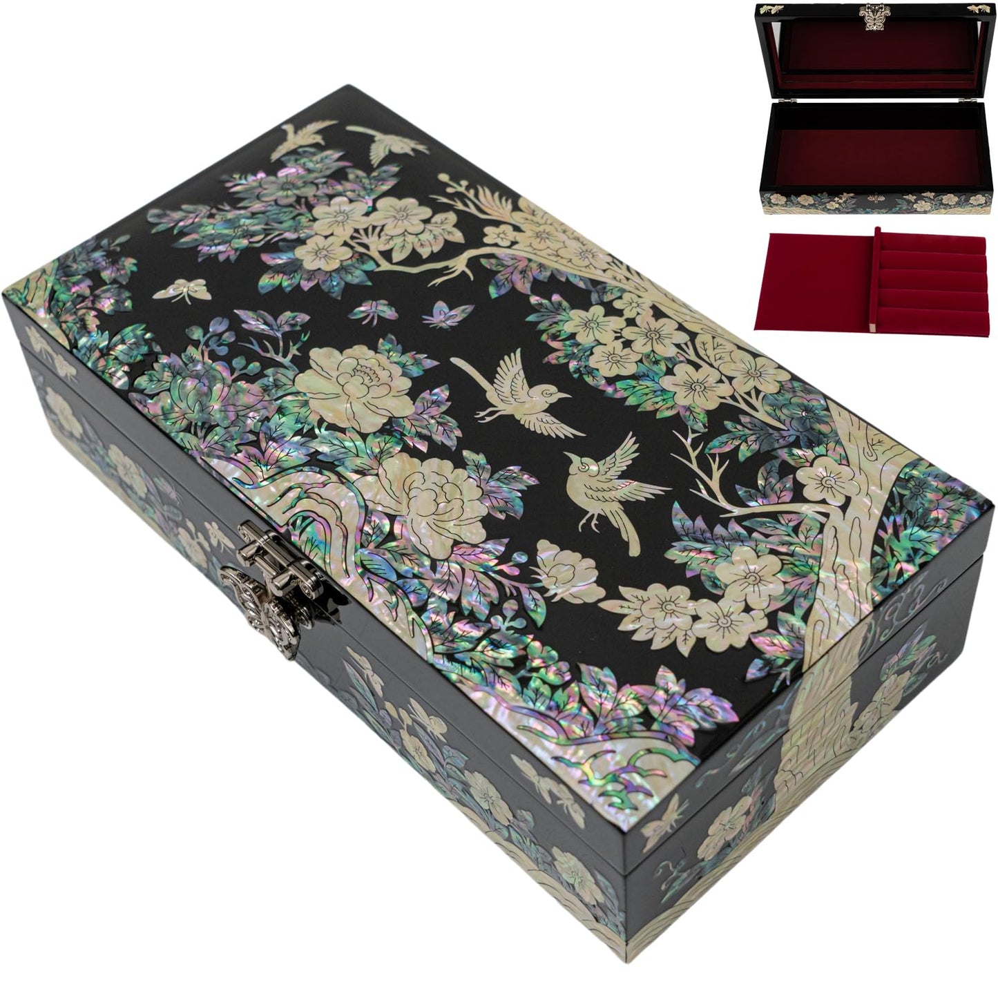 February Mountain Mother of Pearl Large Jewelry Box with Ring Tray - Handmade Unique Gifts for Women - Abalone Shell Keepsake Decorative Box