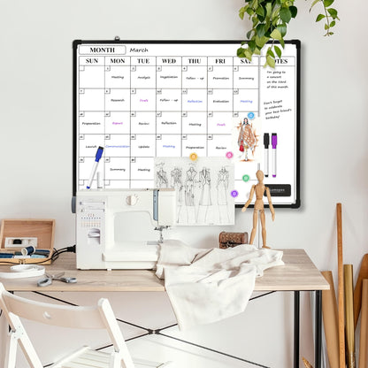 Lumspax Monthly Whiteboard Calendar for Wall, 24" x 18" Dry Erase Board with Plastic Frame, Hanging Dry Erase Calendar with 3 Mini Sticky Notes for Kitchen Planner, Memo, Home and Office, Black