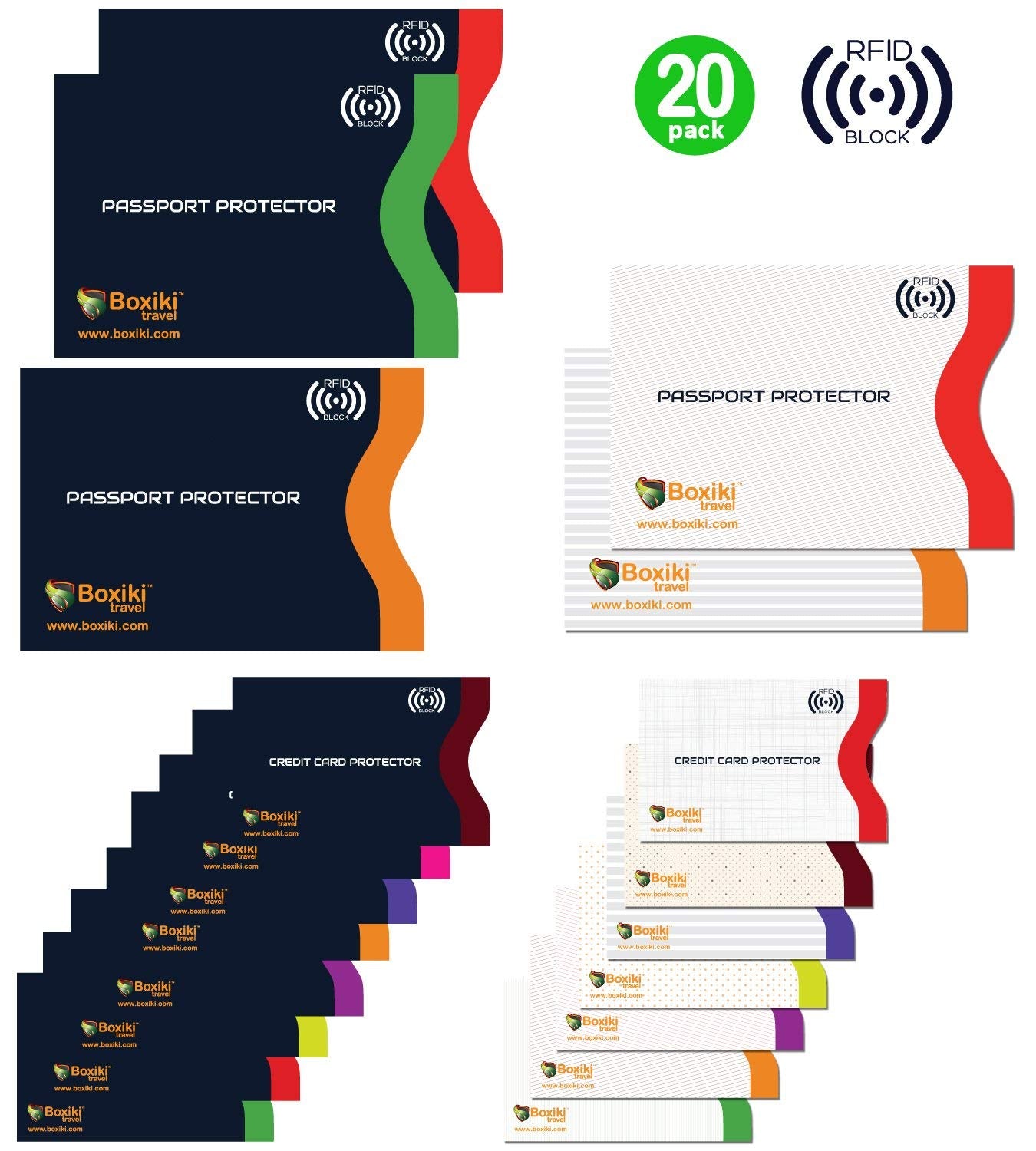 RFID Blocking Sleeves, 20-Pack Set, Color Coding System, Identity Theft Prevention RFID Card Holder And Credit Card Protector (15 Credit Card Sleeves + 5 Passport Holders) (Navy Blue)