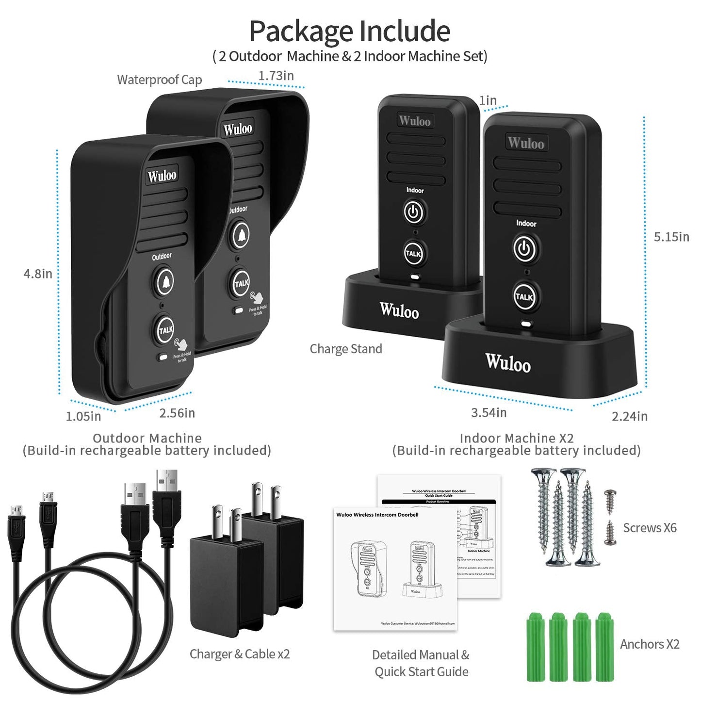 Wuloo Wireless Intercom Doorbells for Home Classroom, Intercomunicador Waterproof Electronic Doorbell Chime with 1/2 Mile Range 3 Volume Levels Rechargeable Battery (Black, 1&2)