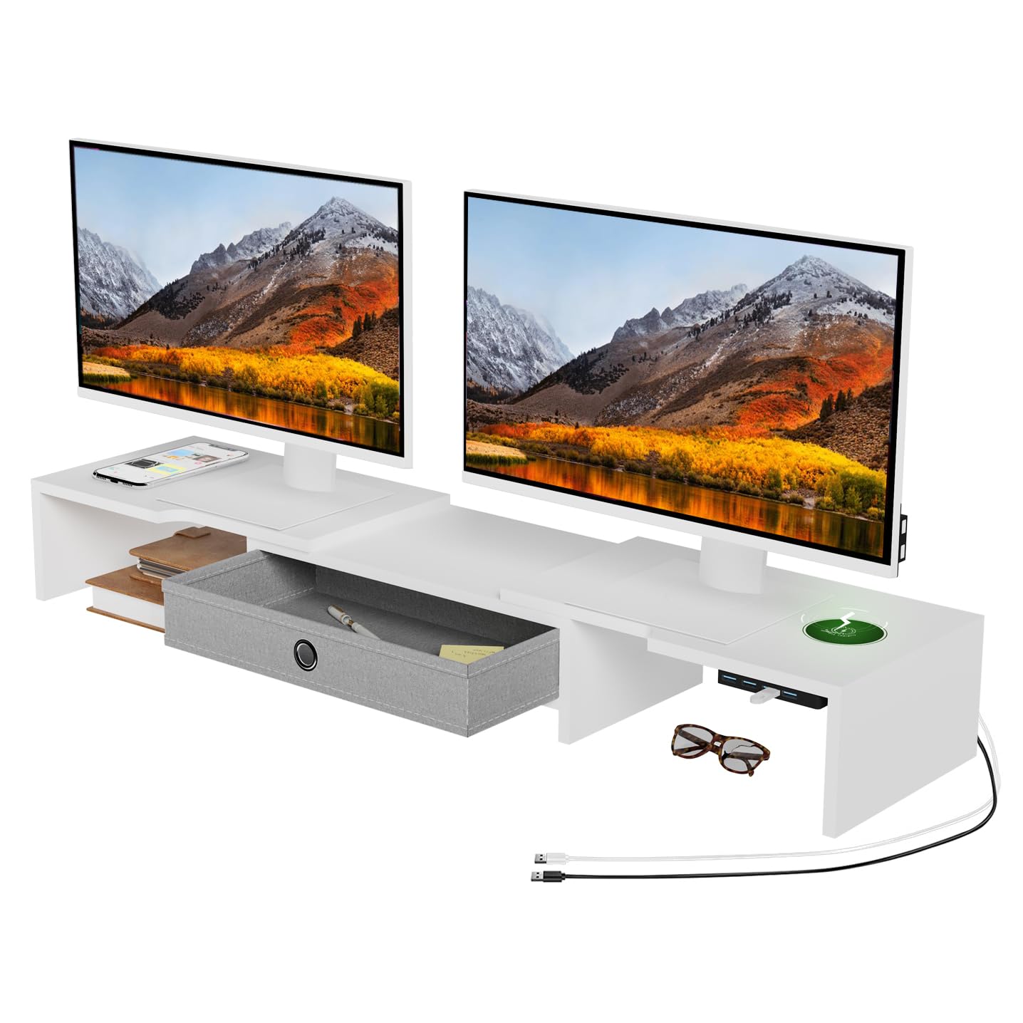 LAPTAIN Monitor Stand with Drawer, Dual Monitor Stand Riser with Adjustable Length and Angle, Computer Stand, Desk Organizer for PC Monitor/Laptop/MacBook