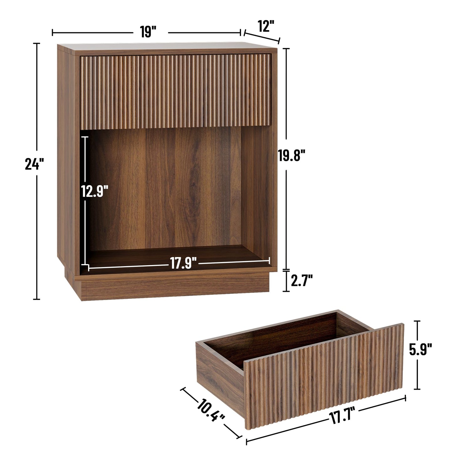 Fluted Nightstands Set of 2, Modern Bedside Table with Storage Drawer and Open Wood Shelf, Wood End Table Mid Century Night Stands for Bedroom Living Room Sofa Couch Office Walnut Brown