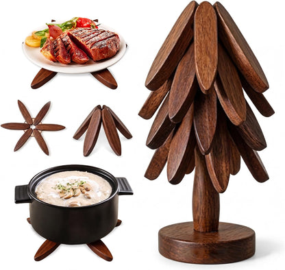 HADARIS Wooden Tree Trivet Set for Hot Dishes - 3 Pcs Foldable Heat Resistant Wood Coasters, Natural Walnut Finish Pot Holders for Kitchen Countertops and Dining Table, Unique Tree-Shaped Decor