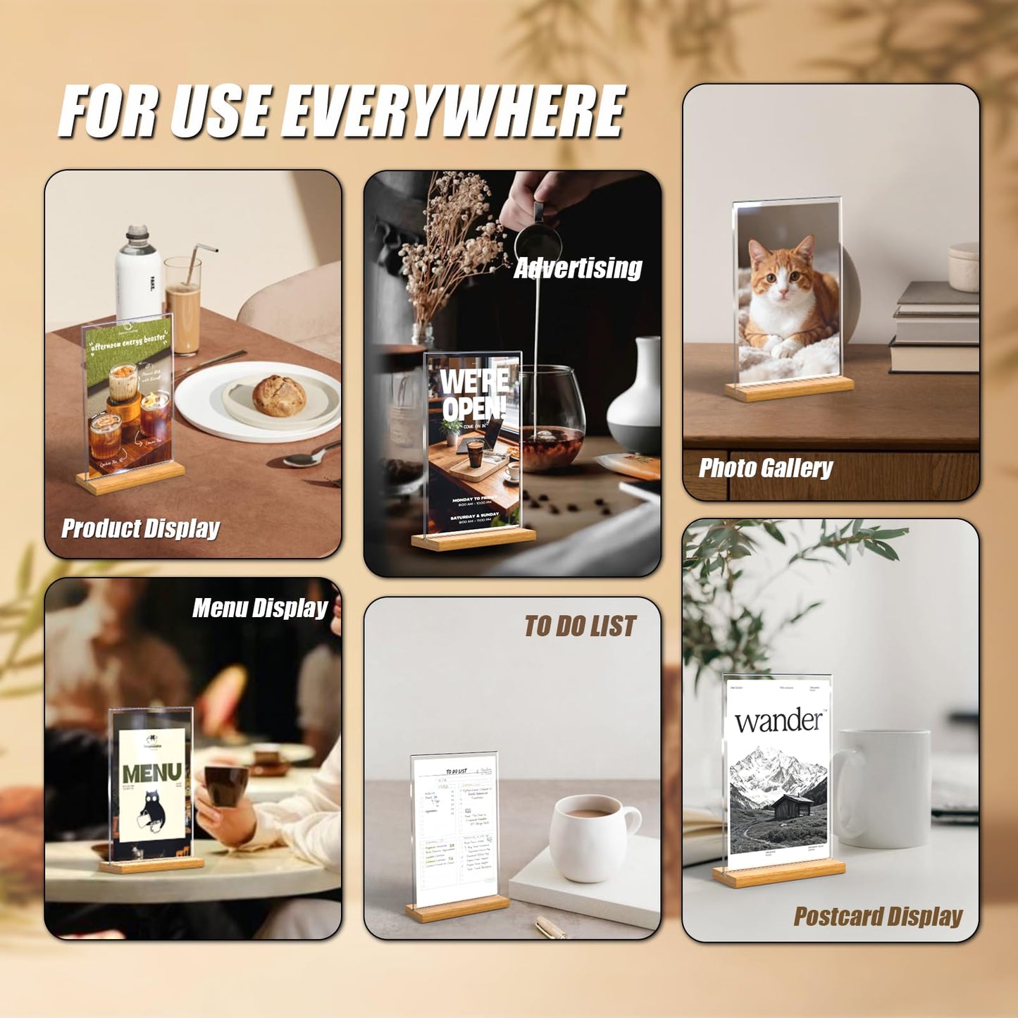 obivioo 4×6 inch Acrylic Table Top Sign Holder with Beech Wood Base – Double-Sided Menu Display Stand, QR Code Frame, Small Table Sign for Restaurant & Wedding(6pack)