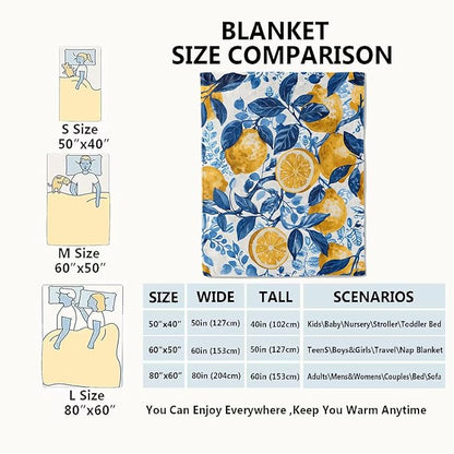 Lemon Blanket Fresh Citrus Fruit Throw Blankets with Blue Leaves,Birthday Gifts for Girls Boys Women & Food Lovers,Lightweight Soft Fleece,for Sofa Couch Bed Room Summer Decor 40x50in