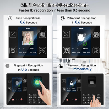 KUIIYER 4 in 1 Employees Time Clocks for Small Business (Face + Fingerprint + Palm Print + PIN) Employee Clock in & Out Machine Biometric Attendance Punch Clock Recorder Tracker (No Monthly Fee)