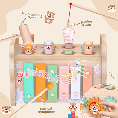 Wooden Montessori Toys for 1 Year Old, Sorting & Stacking Toys, Pounding Hammering Toy with Xylophone & Fishing Game, Car Ramp Toy 3 in 1 Wooden Toddler Toys 1 2 3 for Boys Girls Birthday Gifts