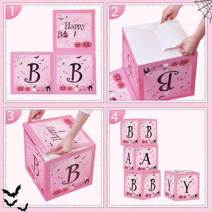 Hiboom 74 Pcs Halloween Balloon Boxes Baby Shower Decorations Pink and Black Halloween Baby Blocks Latex Balloons Garland Arch Kit for Baby Girls Happy Boo Day Birthday Party Supplies Photography Prop