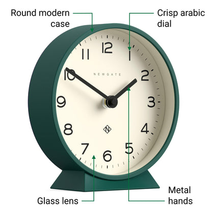 NEWGATE® M Mantel Echo Desk Clock | Modern Round Design | Eden Green | Easy to Read Numbers | Contemporary Style for Desk, Table, Shelf or Bedside