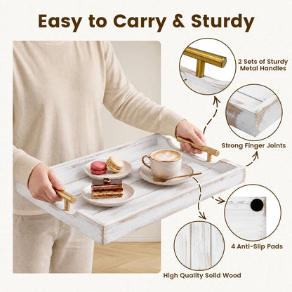 ComfyTune Wood Serving Tray with Metal Handles, 17x13in Large Wooden Tray for Ottoman, Coffee Table, Breakfast, Dinner & Bar, Decorative Tray for Living Room, Bedroom, Bathroom and Kitchen, Off-White