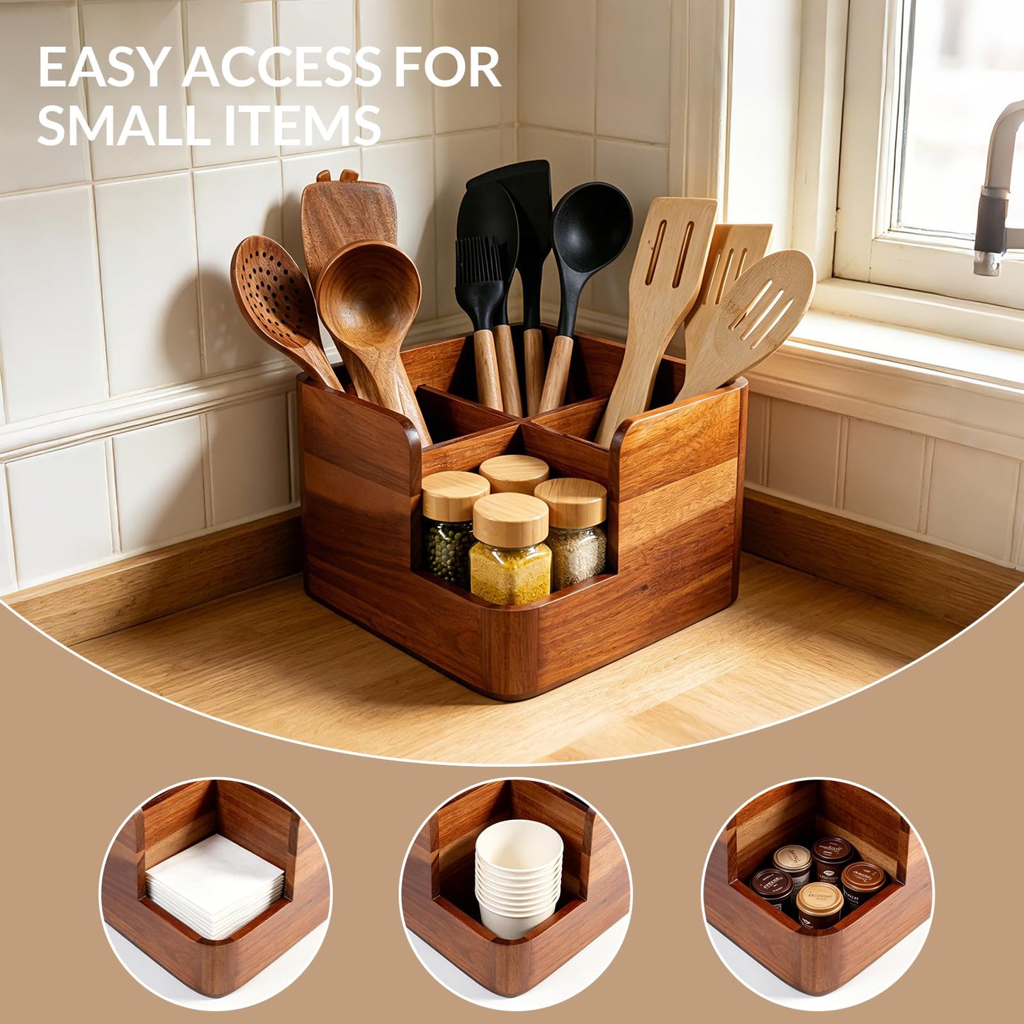 Liberal Brightdeer Large Kitchen Utensils Holder with 4 Compartments,Corner Utensil Caddy for Countertop,Acacia Wooden Utensil Organizer for Kitchen Countertop, Farmhouse Decor