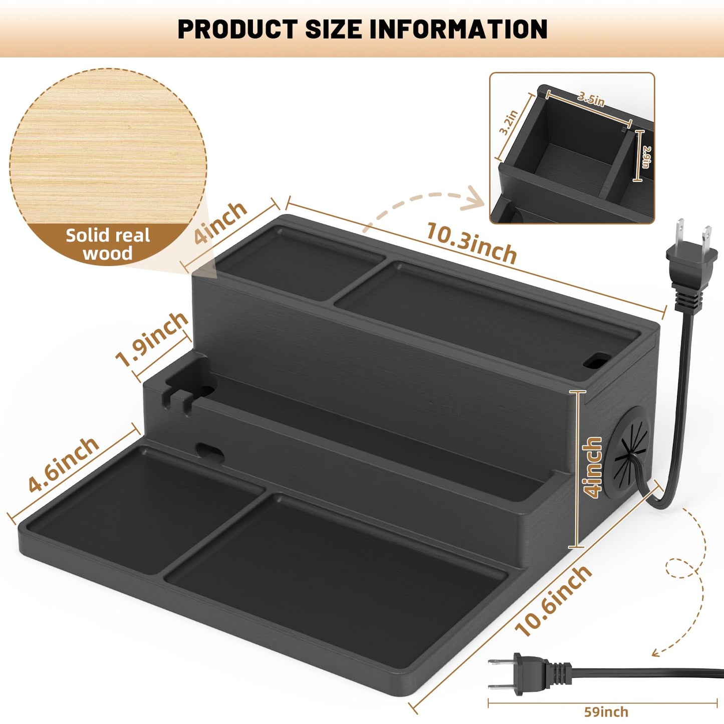 Valet Tray, Nightstand Organizer with Charging Station, Assembly-Free 3 Layer Wood Valet Tray for Men, Phone Docking Station with USB Ports for Watch, Jewelry & Accessories, Nice Gift (Classic Black)