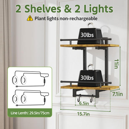 LASZOLA Floating Plant Shelves Holder Wall Mounted Indoor with Grow Lights, 2 Pack Plant Hangers Stand with 4 Hooks, Metal and Wood Flower Hanging Display for Living Room Kitchen Bathroom Decor, Brown