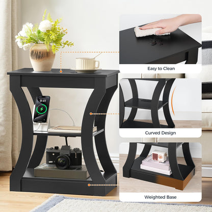 MAHANCRIS Black End Table with Charging Station, Skinny Side Table with USB Ports and Outlets, Nightstand, 3 Tier Bedside Table with Storage Shelf for Living Room, Bedroom, Small Space ETBK53E01