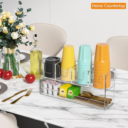 Beego 5-Compartment Cup Holder for Countertop - 2-Tier Clear Acrylic Cup Dispenser Coffee Station Paper Cup and Lid Organizer Condiment Storage for Restaurant Breakroom Kitchen Bar Accessories