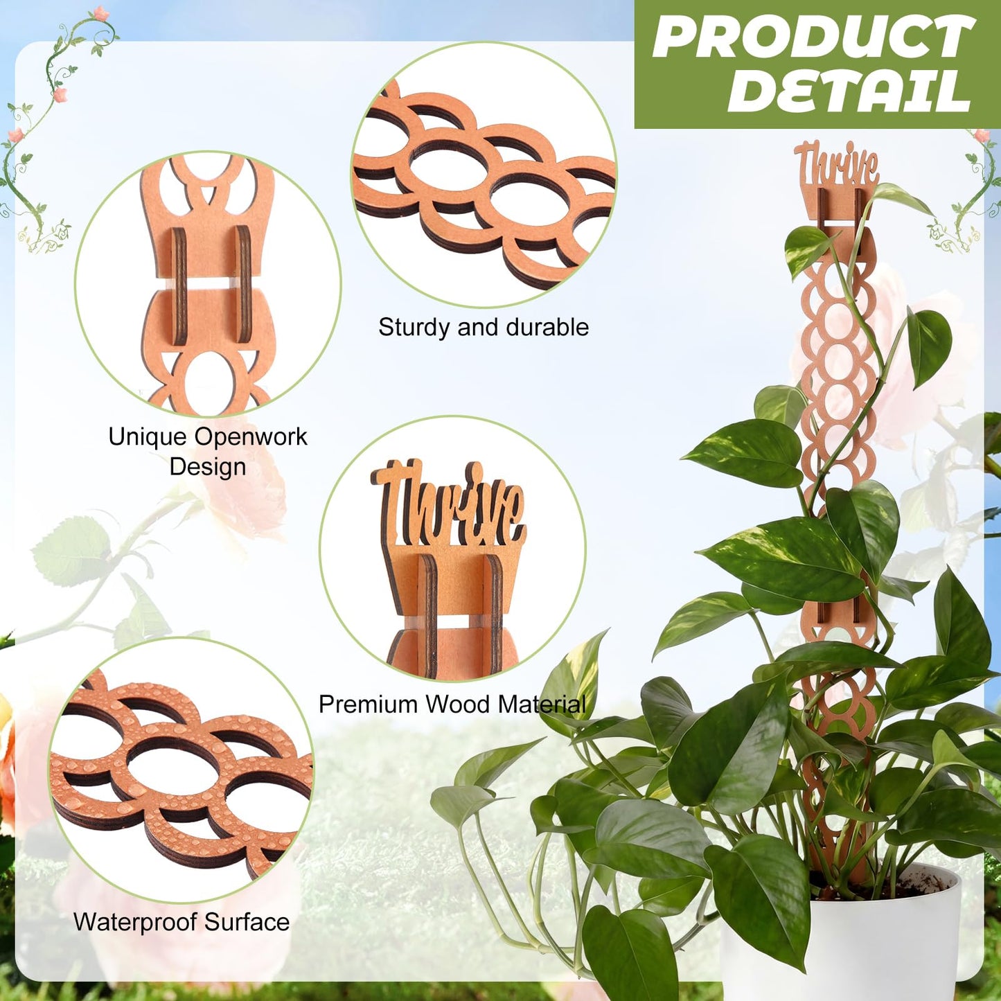 Otoolling 6 Sets Wooden Extendable Plants Trellis Indoor Modular Plant Trellis with Wood Thrive Sign Decor and Extensions for Outdoor Climbing Houseplants Vine Flower Stem (Ring)