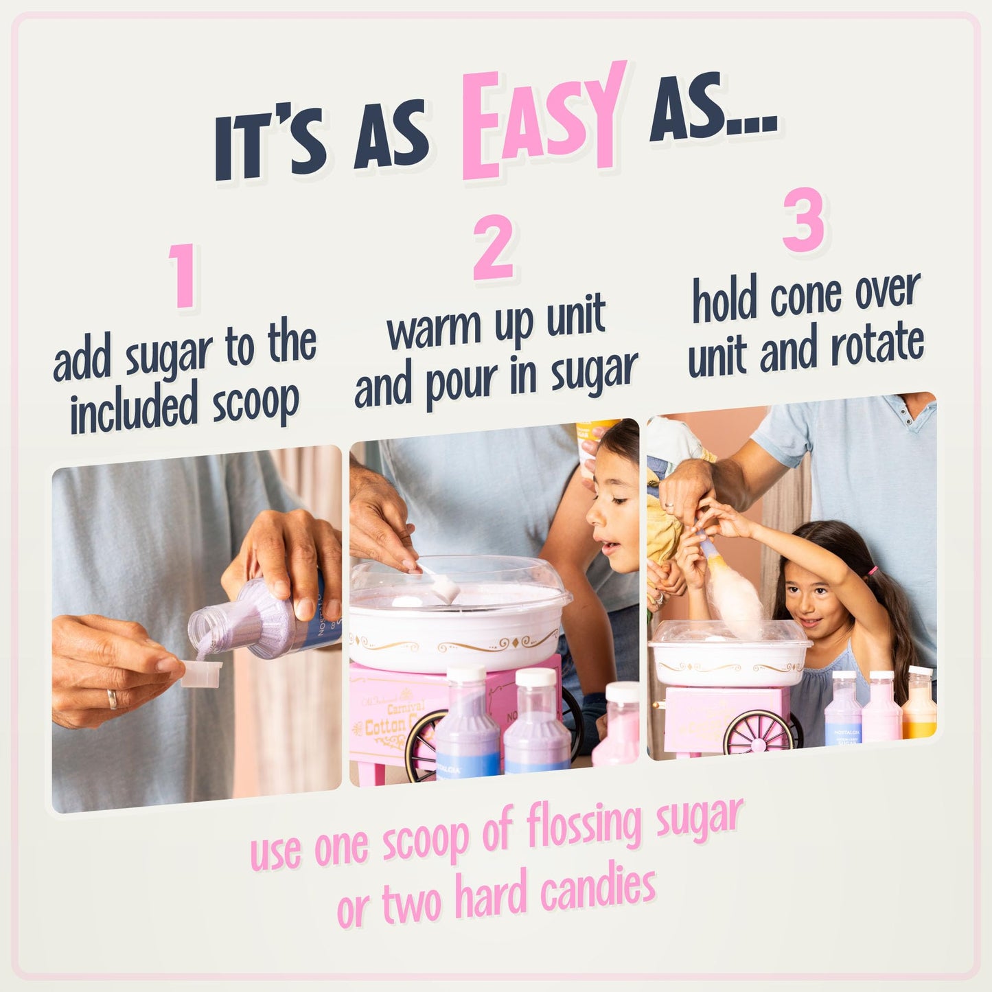 Nostalgia Vintage Hard and Sugar Free Candy Countertop Cotton Candy Maker, Includes 2 Reusable Cones And Sugar Scoop – Pink