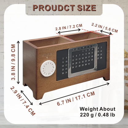 HELAIMAY Wooden Calendar Pencil Pen Holder, Desk Organizer with 2 Slots, Multifunctional Stationery Holder for School Home Office Supplies, Walnut Color, 1 Piece