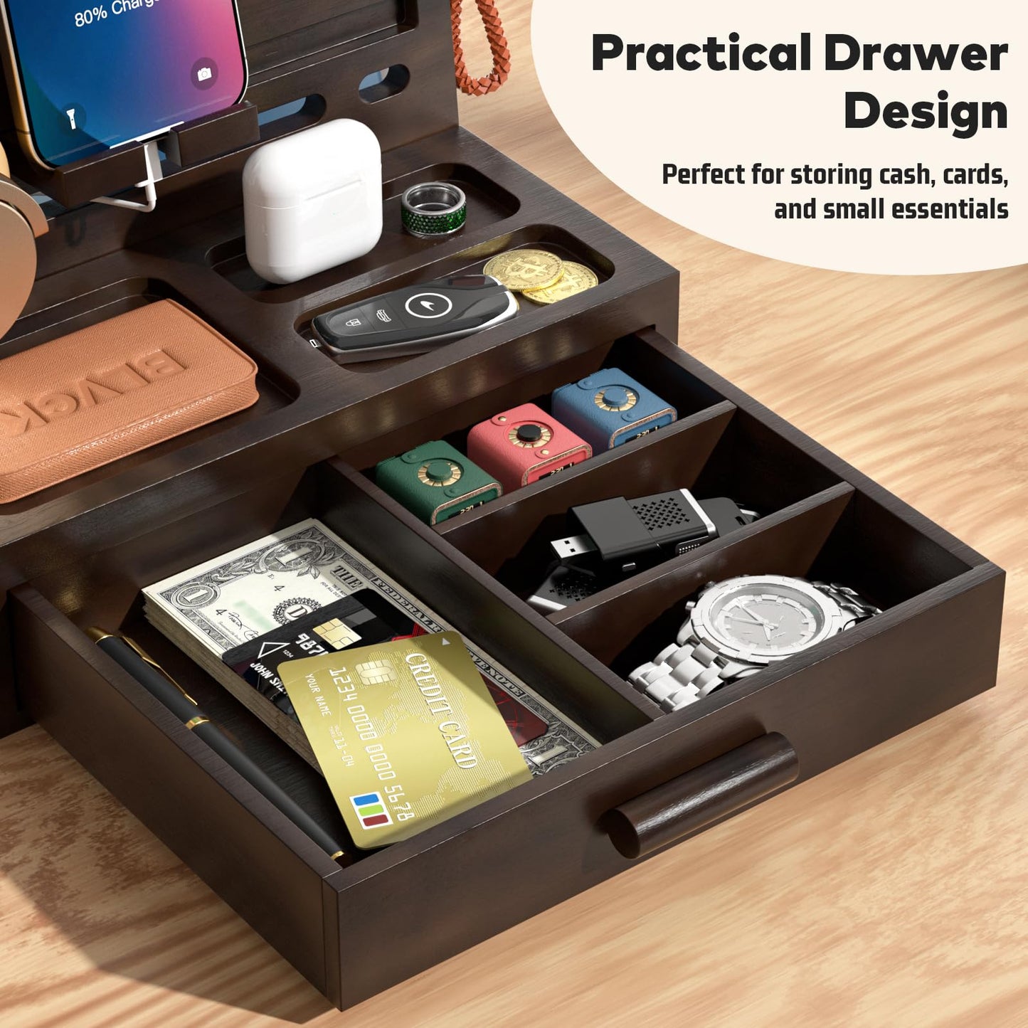 Sephyroth Rustic Wooden Phone Stand Organizer with Drawer Storage, Brown