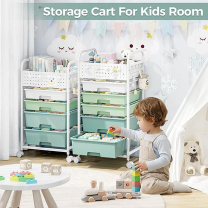 4 Drawer Rolling Storage Cart with Pegboard Top and Hooks, Mobile Organizer Cart with Wheels for Office Supplies, Craft Storage, Classroom Organization, Home Utility Cart, Gradient Green